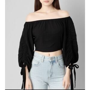 OLIVACEOUS Women’s Crop Top S Black Off Shoulder Balloon Sleeve Side Zip Boho